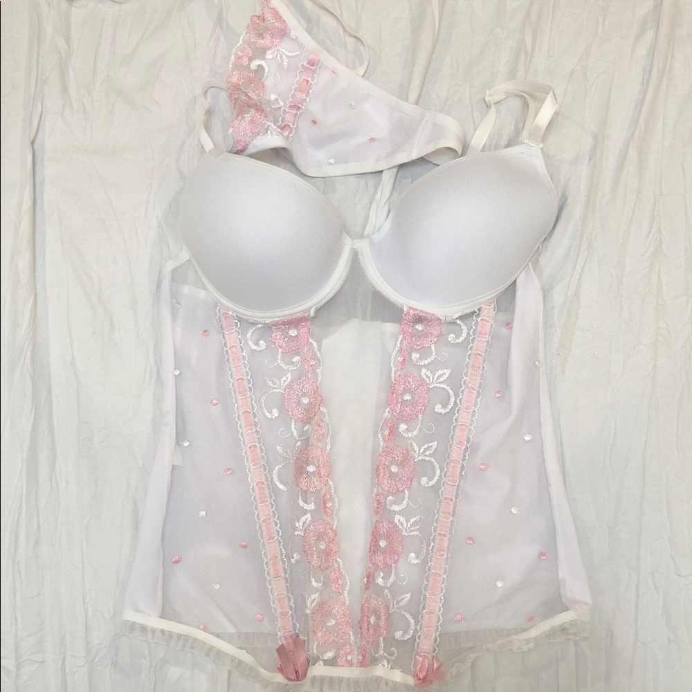 Elegant White and Pink Lace Lingerie Set